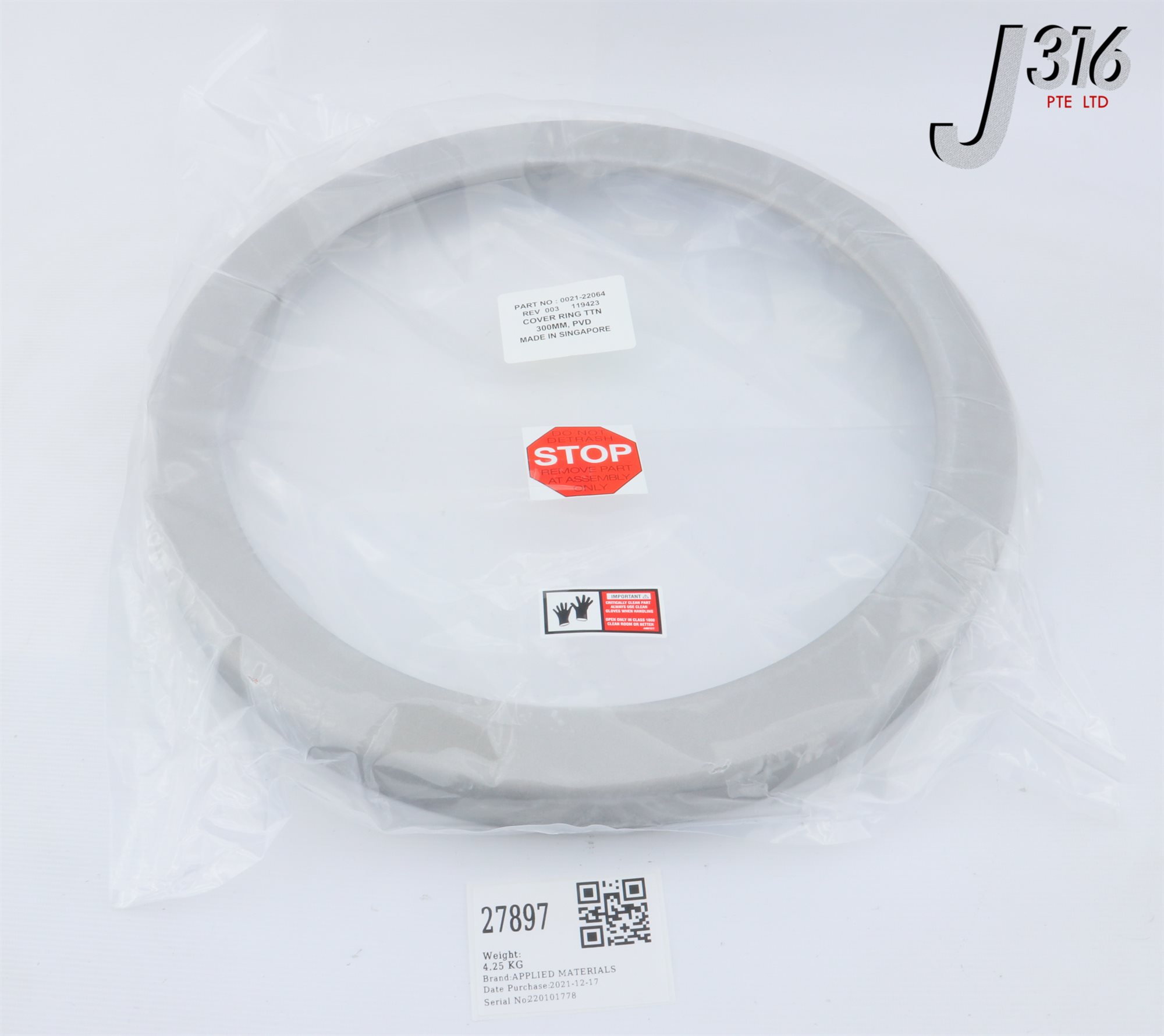 27897 APPLIED MATERIALS COVER RING, TTN 300MM, PVD (NEW) 0021